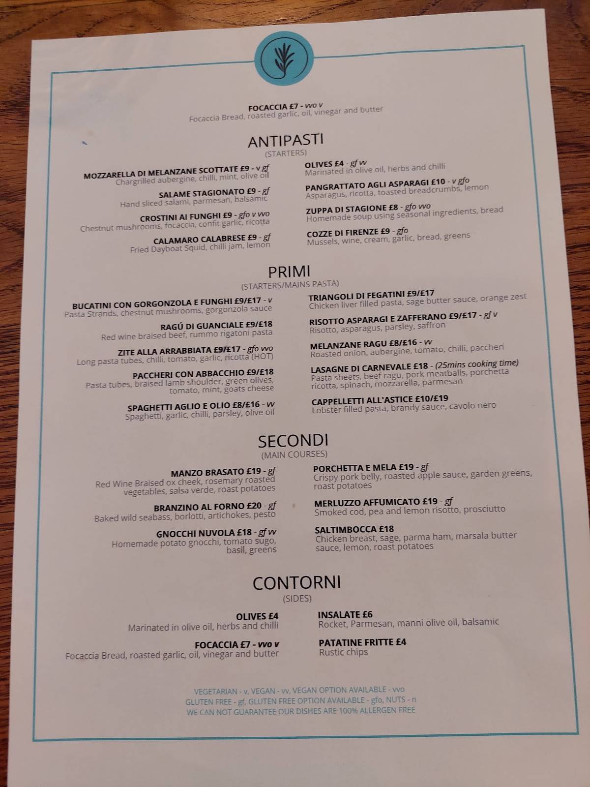 Menu at The Carpenters Arms Italian Kitchen restaurant, New Ollerton