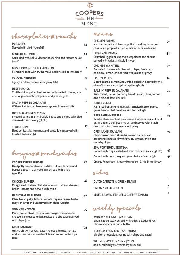 Carta del restaurante The Coopers Inn, Melbourne, 282 Exhibition St