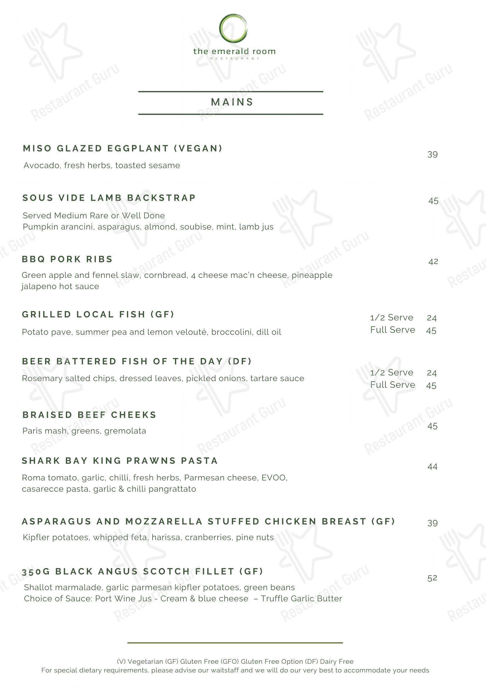 Menu at The Emerald Room Restaurant, Geraldton
