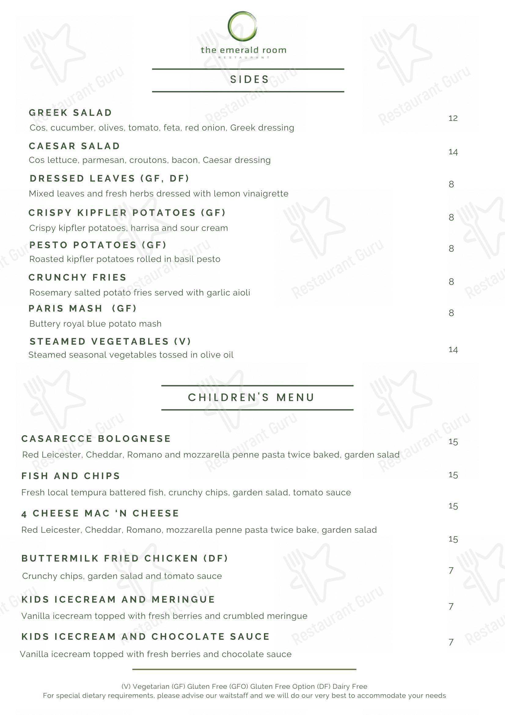 Menu at The Emerald Room Restaurant, Geraldton