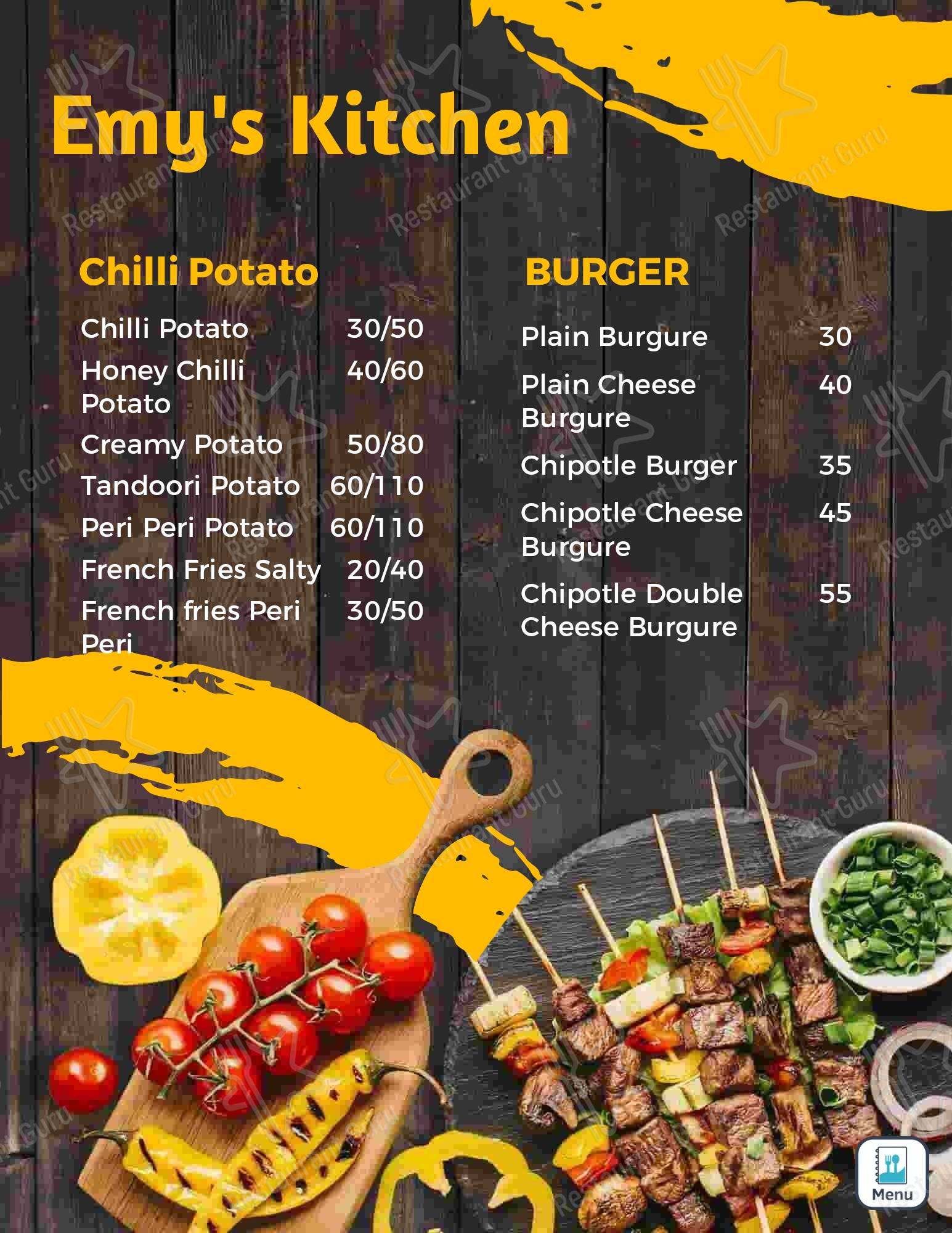 The Emy's kitchen menu - dishes and beverages