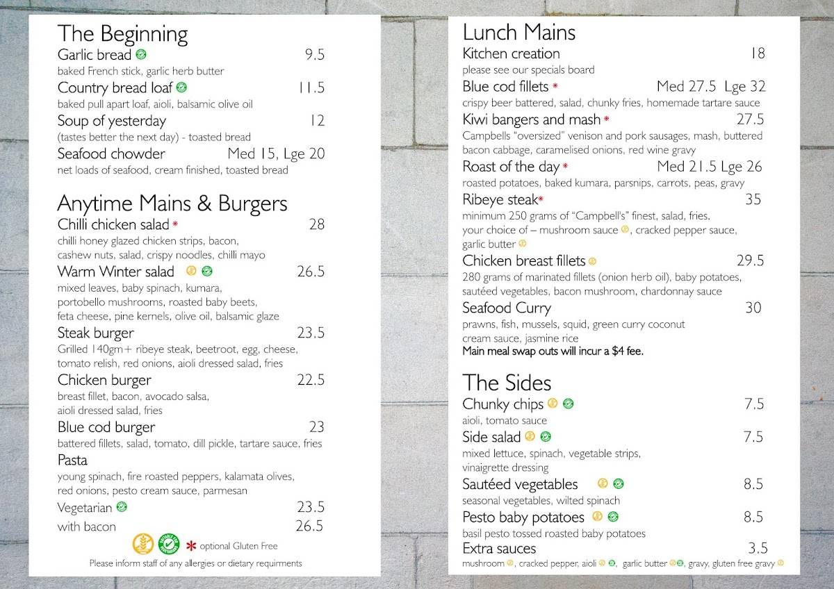 Menu at The Last Post, Restaurant, Bar & Catering Service, Oamaru