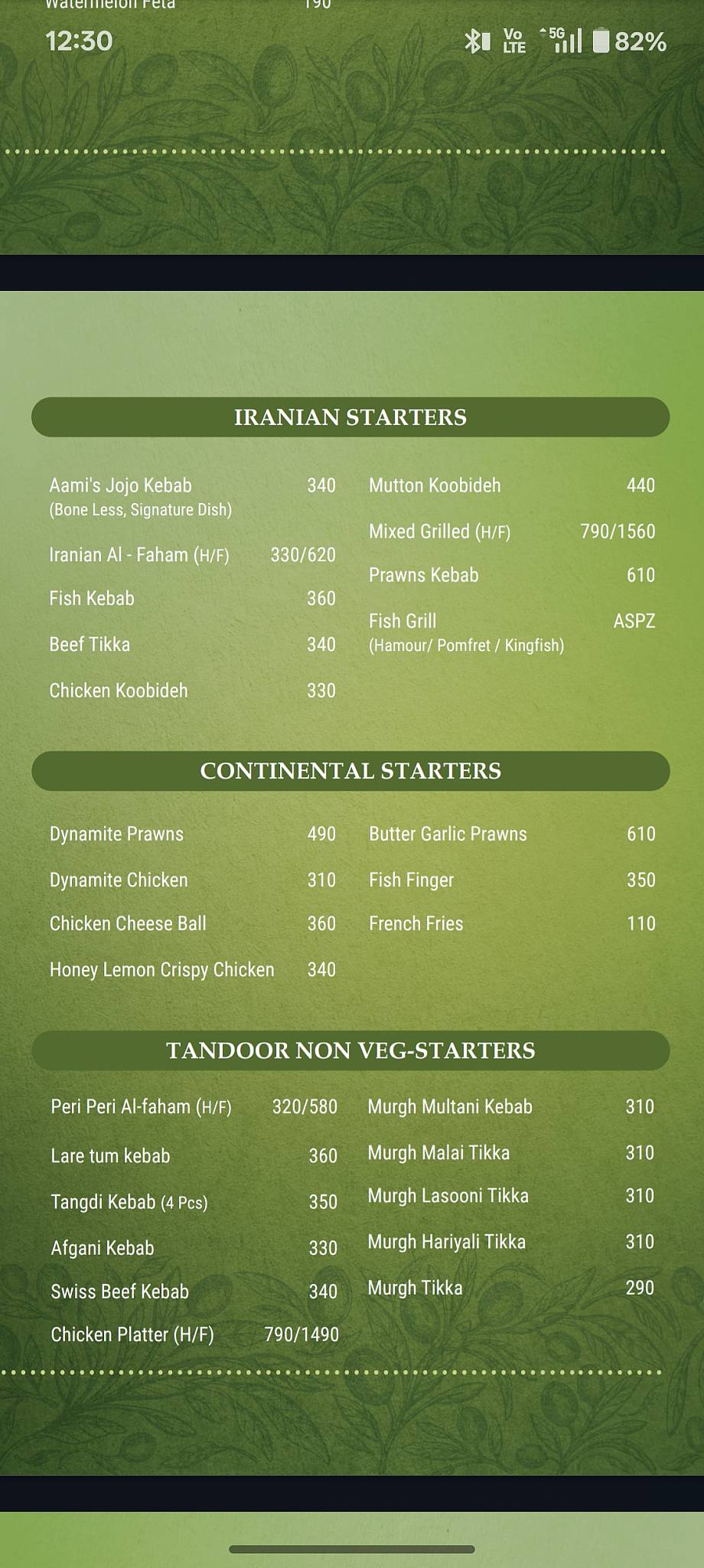 The Olive Restaurant menu