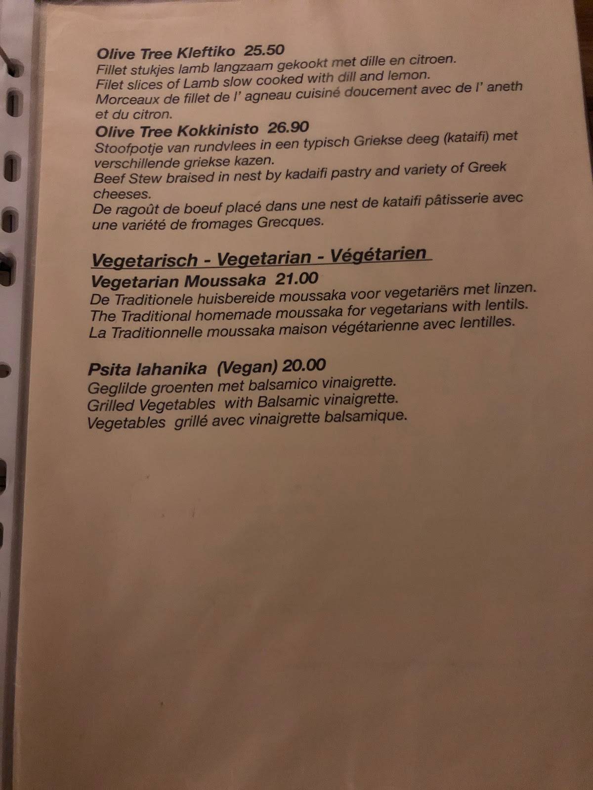 Menu at The Olive Tree Brugge, Bruges
