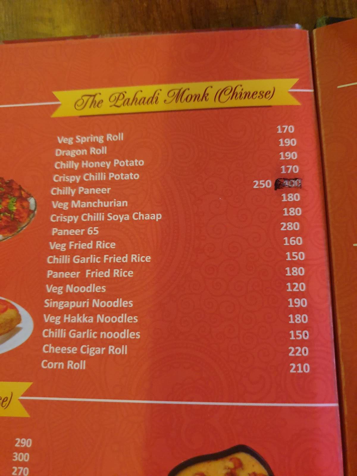 The Pahadi Monk menu