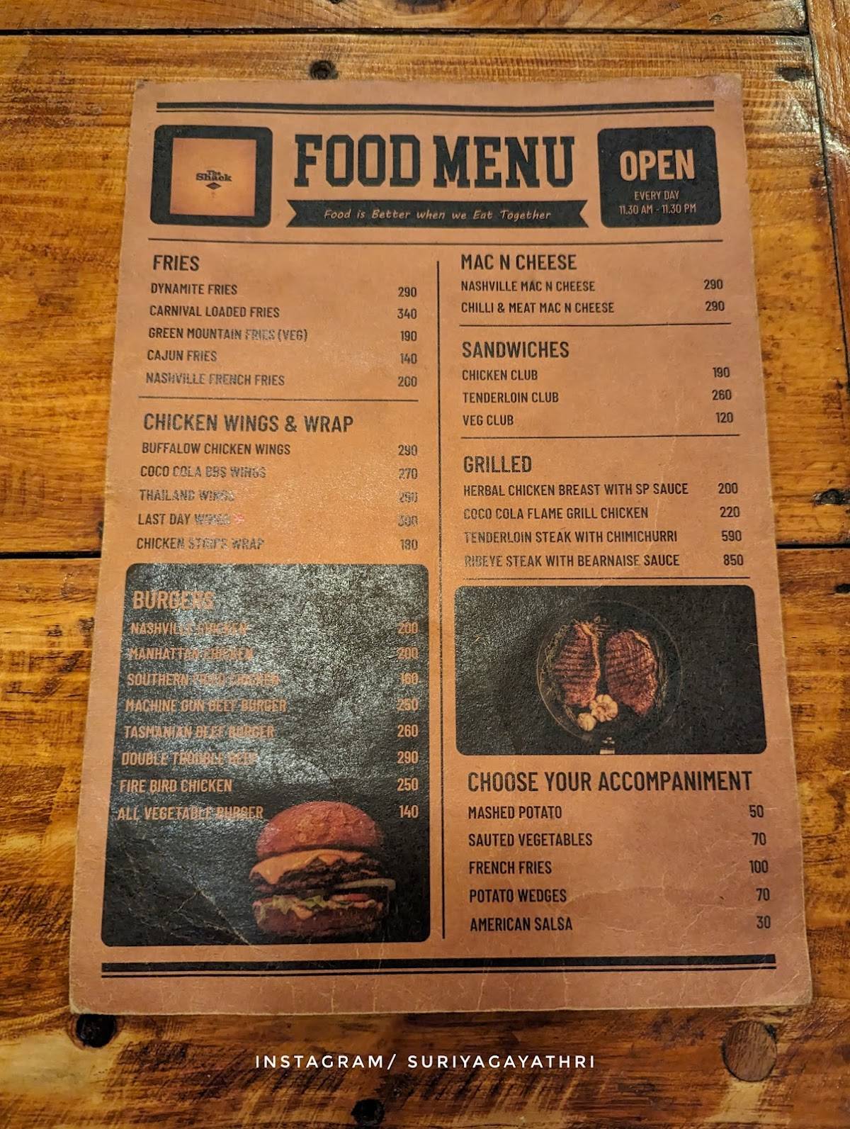 The Shack Bistro menu