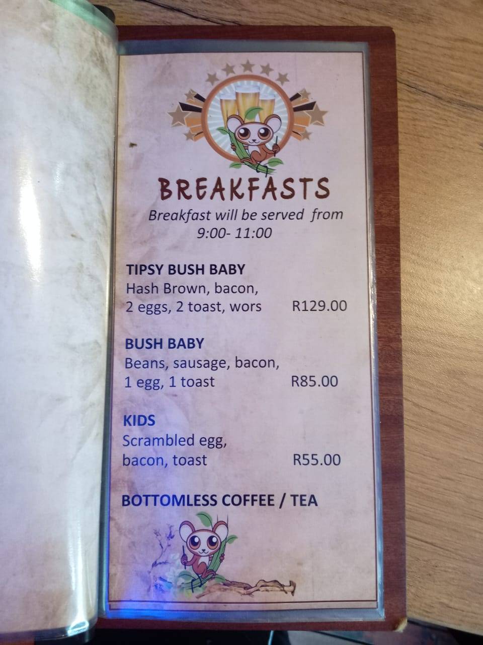 Menu at The Tipsy Bush Baby restaurant, Mtunzini