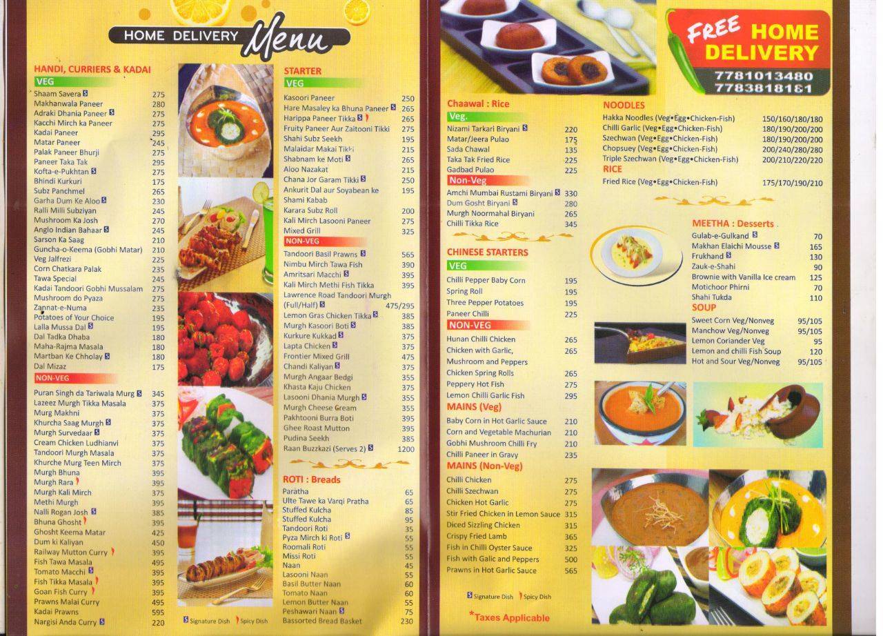 The Yellow Chilli menu