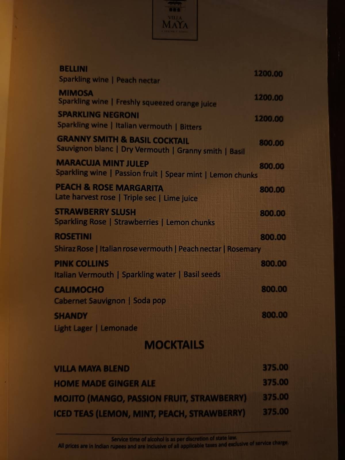 Villa Maya menu