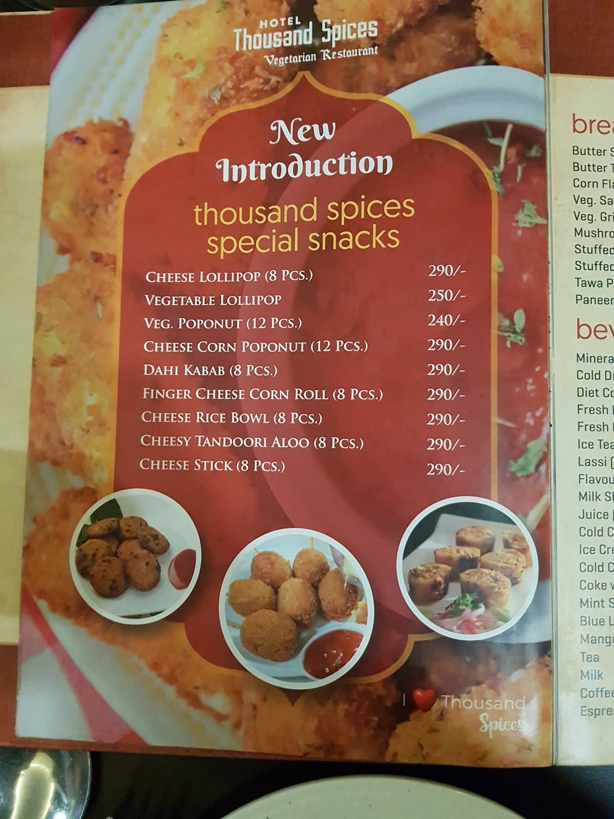 Thousand Spices Restaurant menu