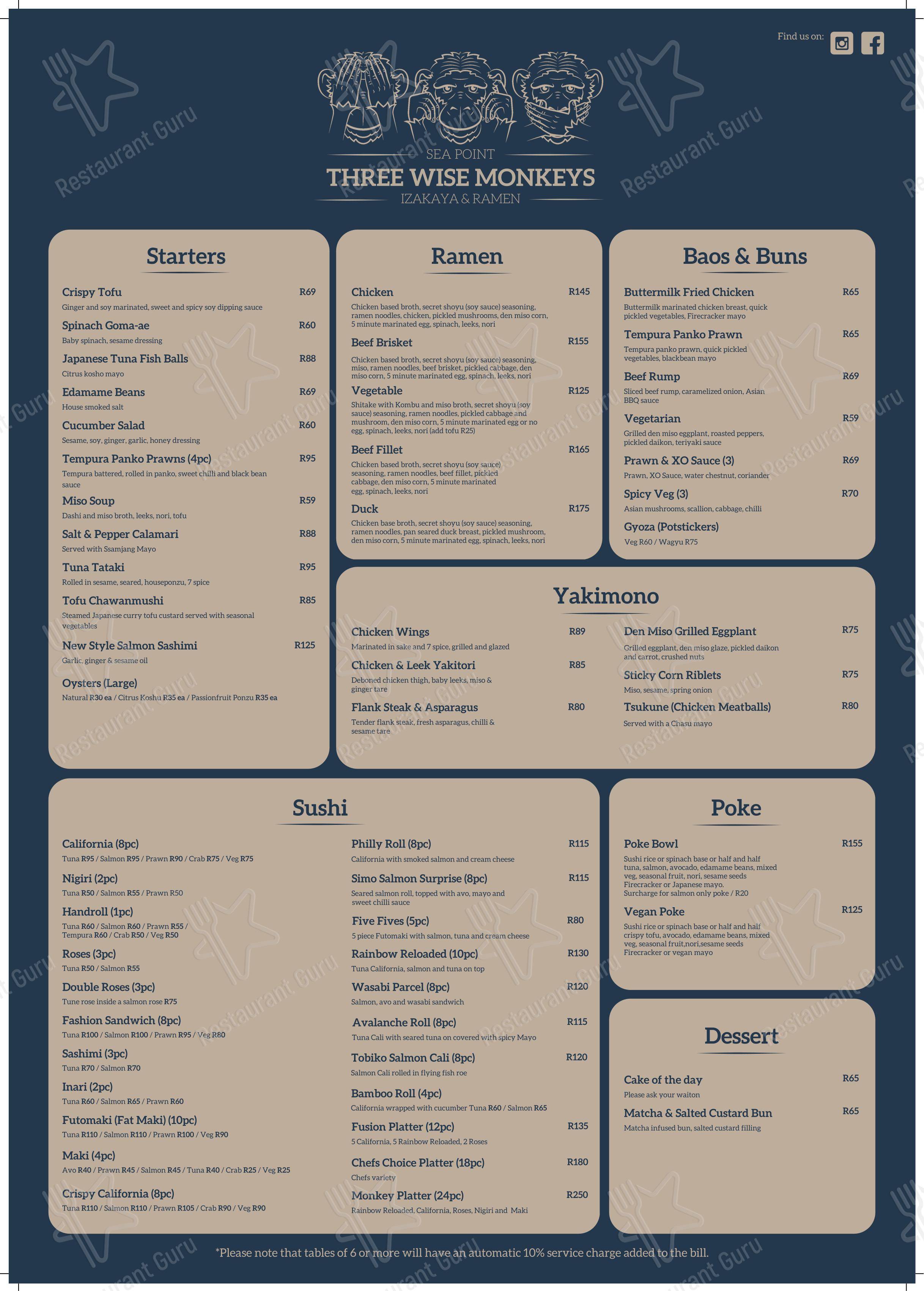 Menu for the Three Wise Monkeys restaurant