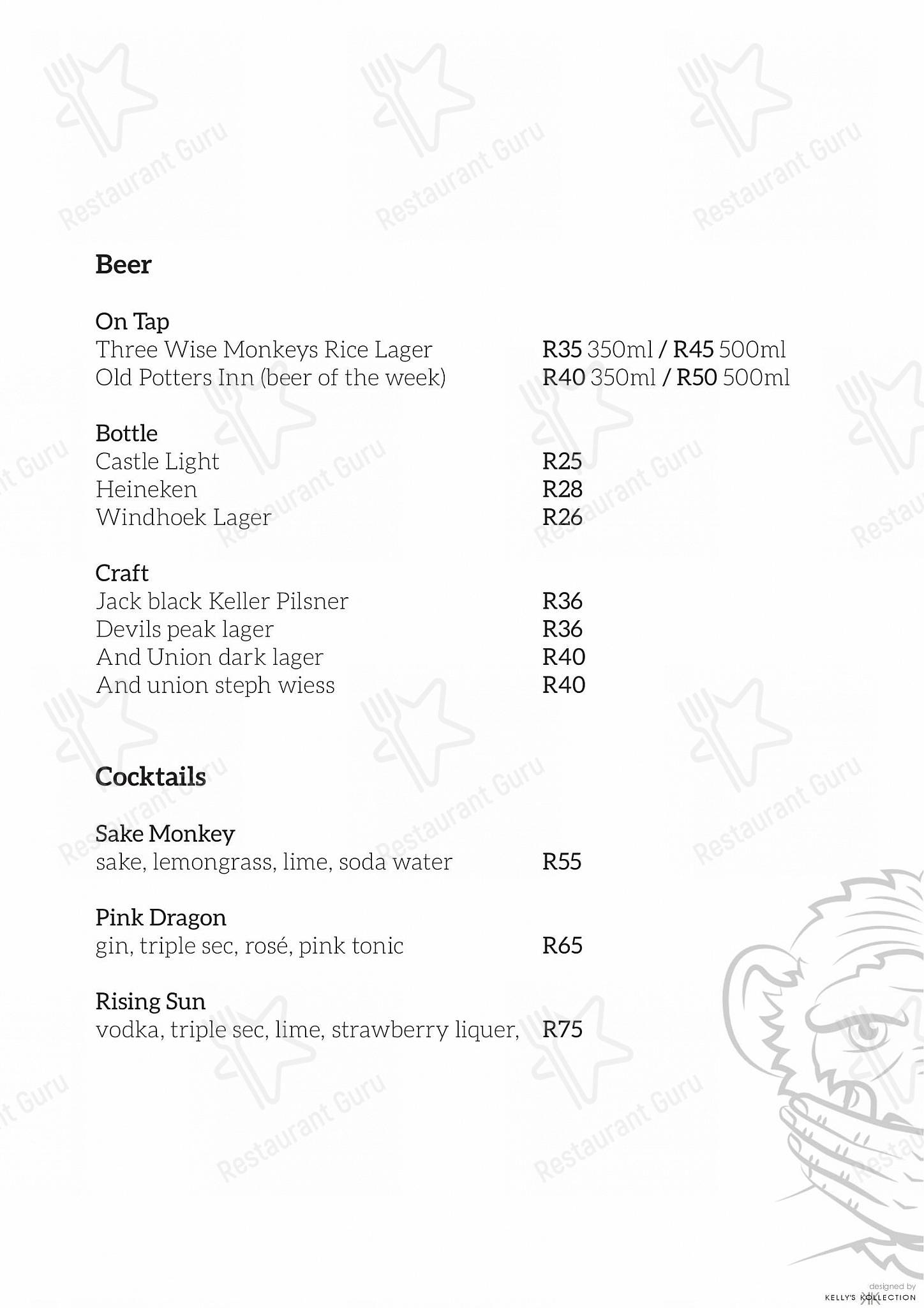 Three Wise Monkeys in Cape Town - Lunch menu