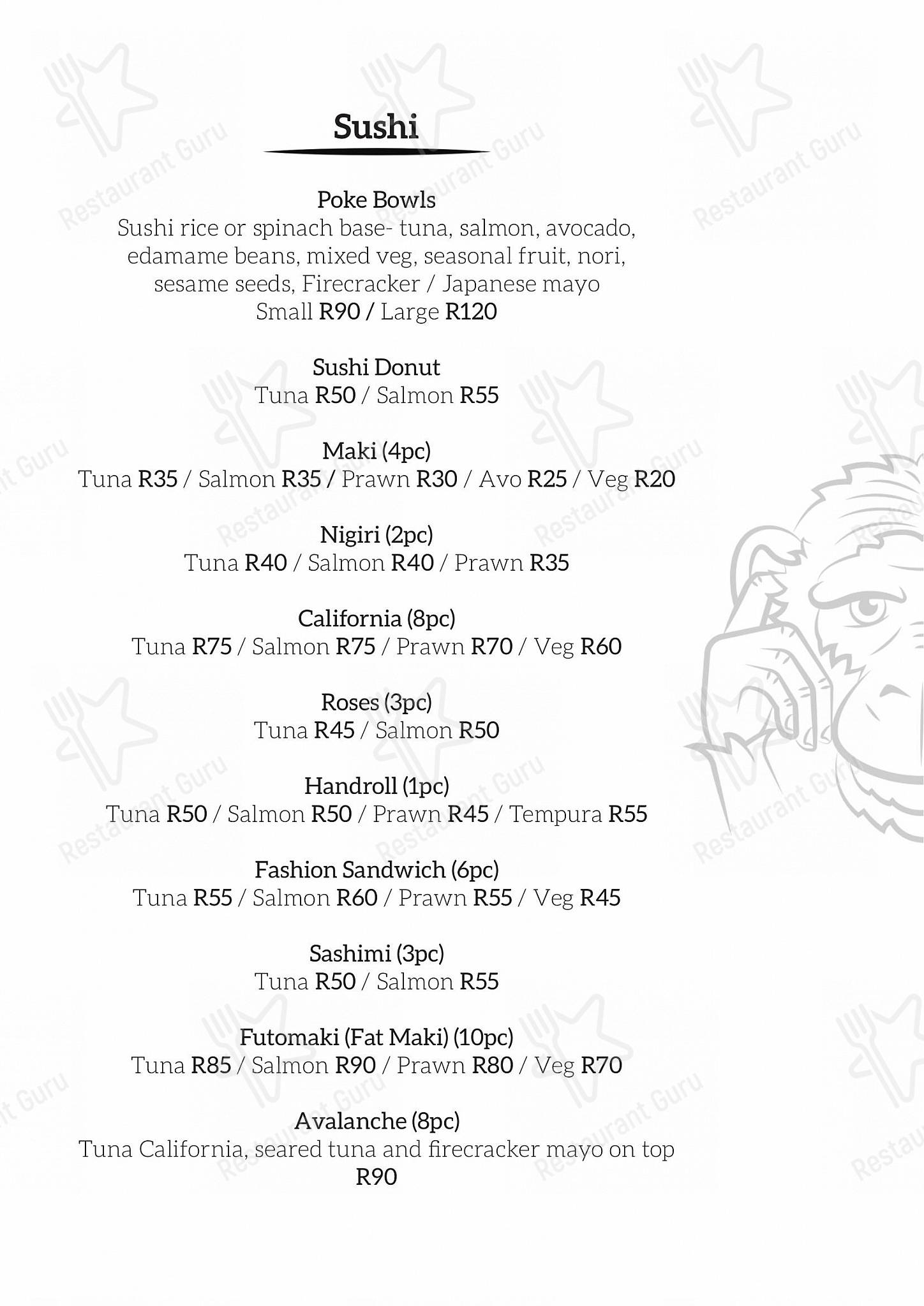 Three Wise Monkeys in Cape Town - Lunch menu