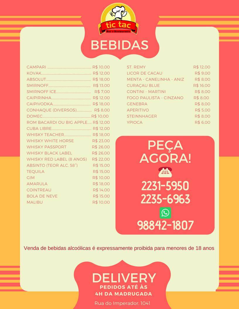 Tic Tac Restaurante e Bar cardápio
