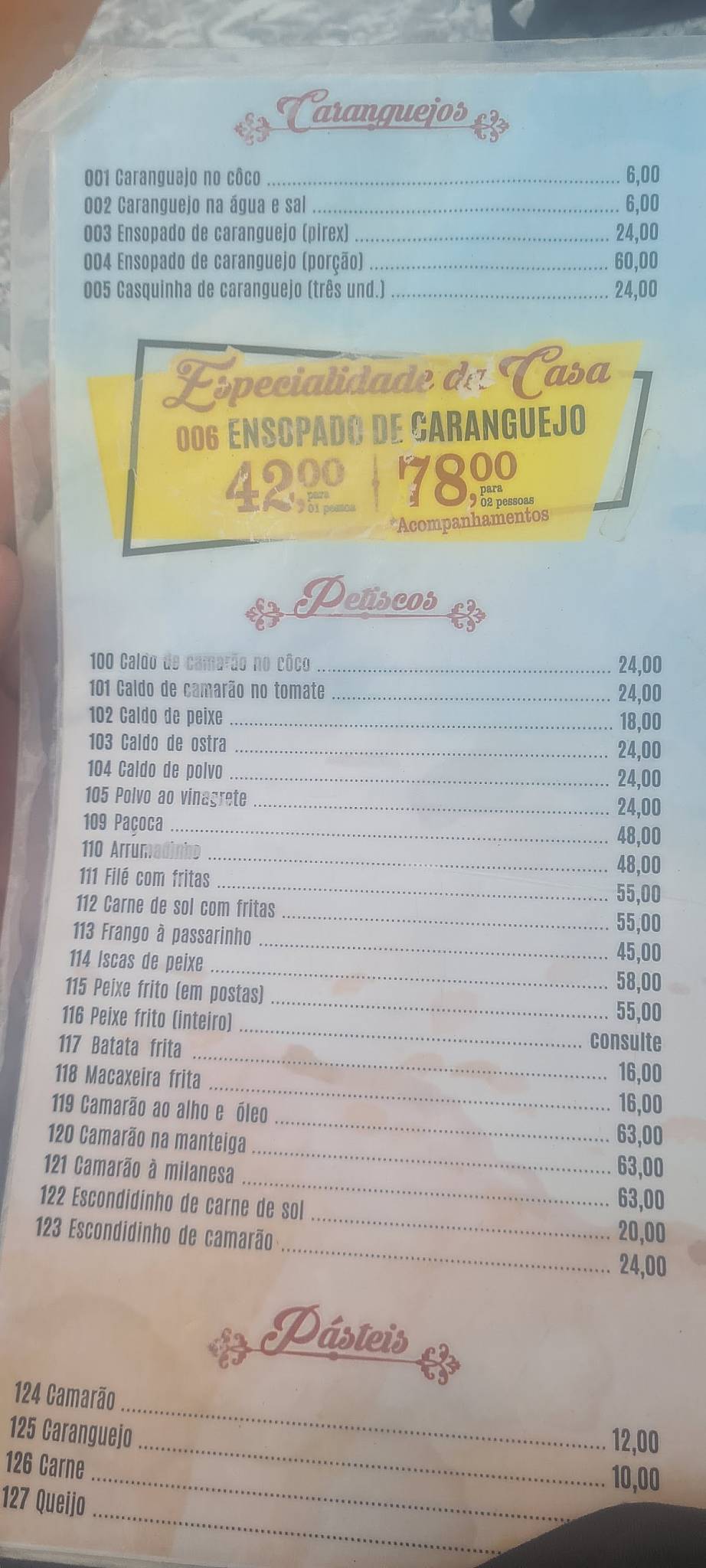Toca do Caranguejo - Ponta Negra Natal/RN cardápio
