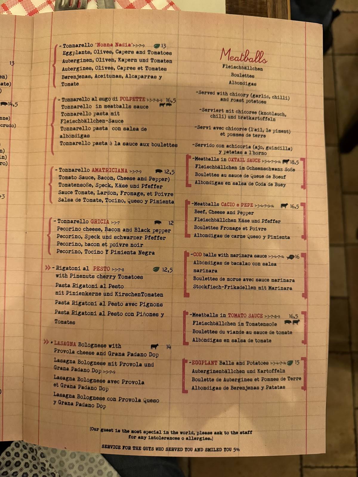 Menu di Tonnarello San Pietro 