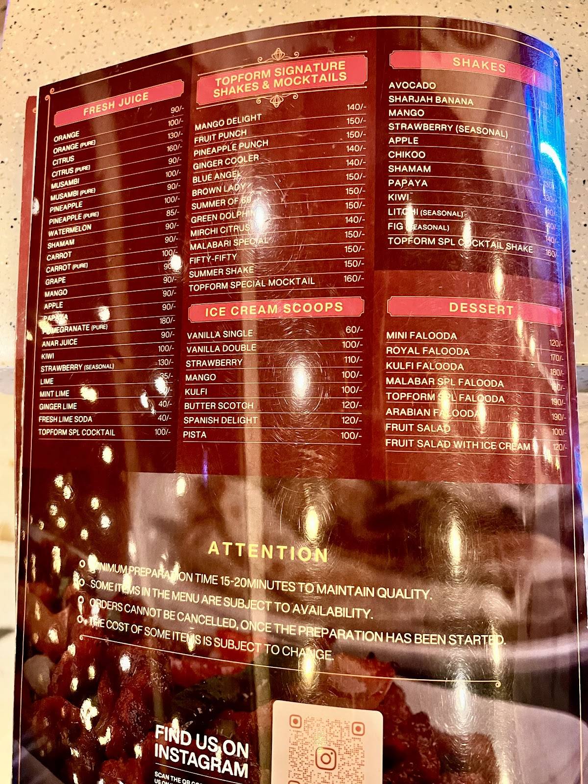 Topform Restaurant menu