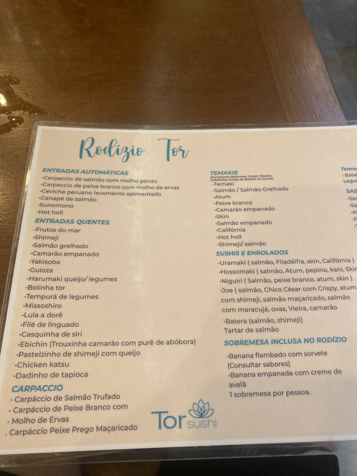 Tor Sushi Restaurante Japonês, com Rodízio cardápio