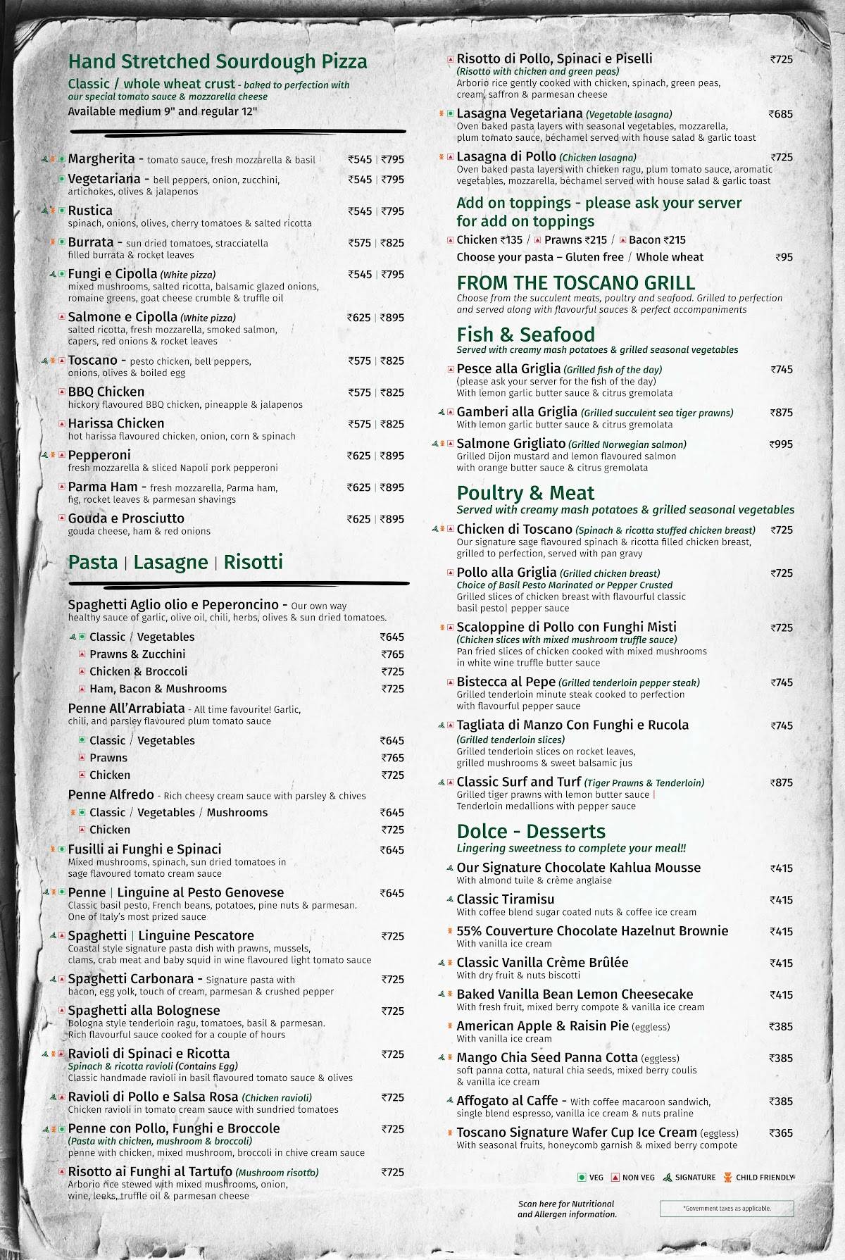 Toscano menu