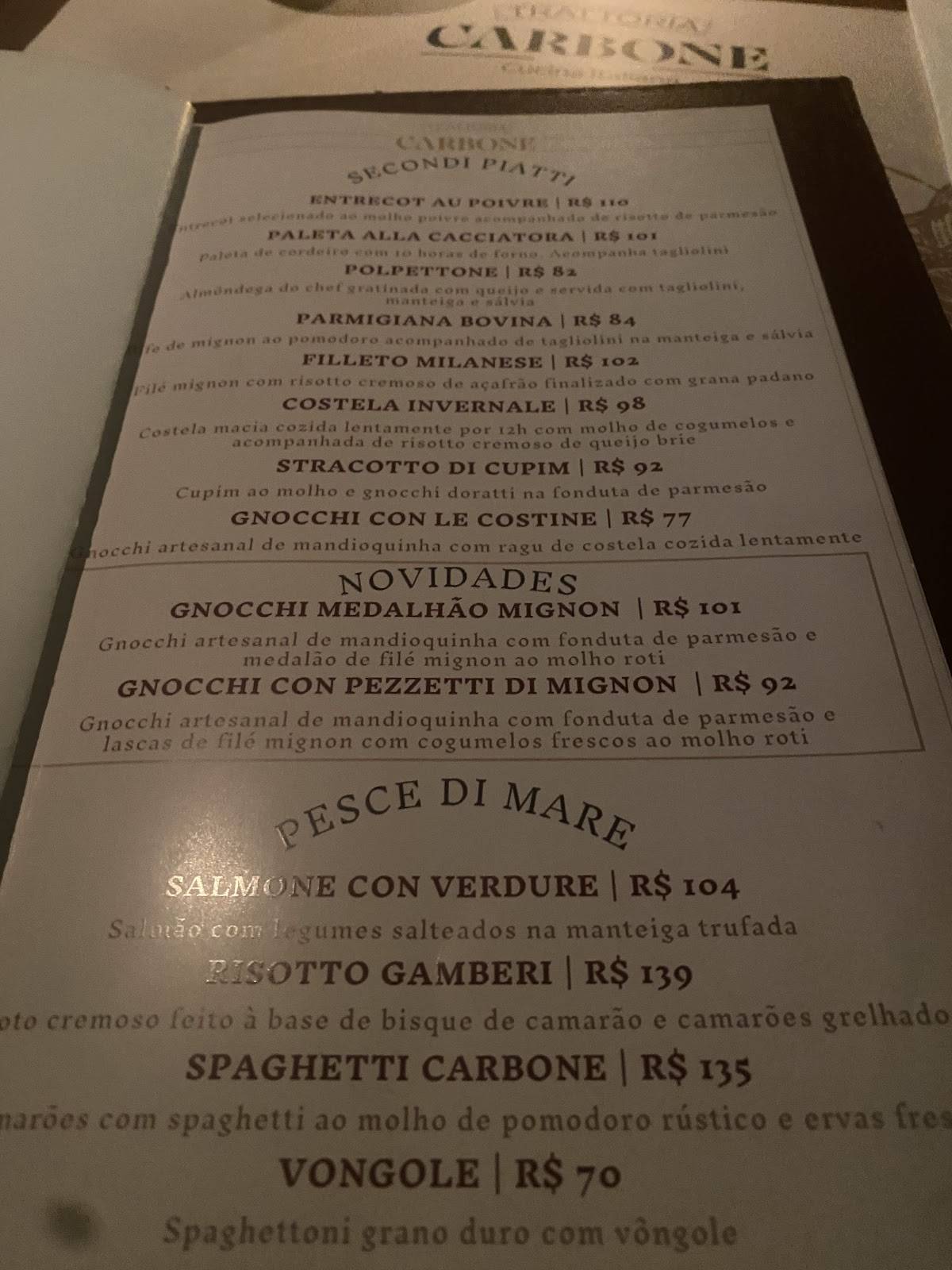 Trattoria Carbone cardápio