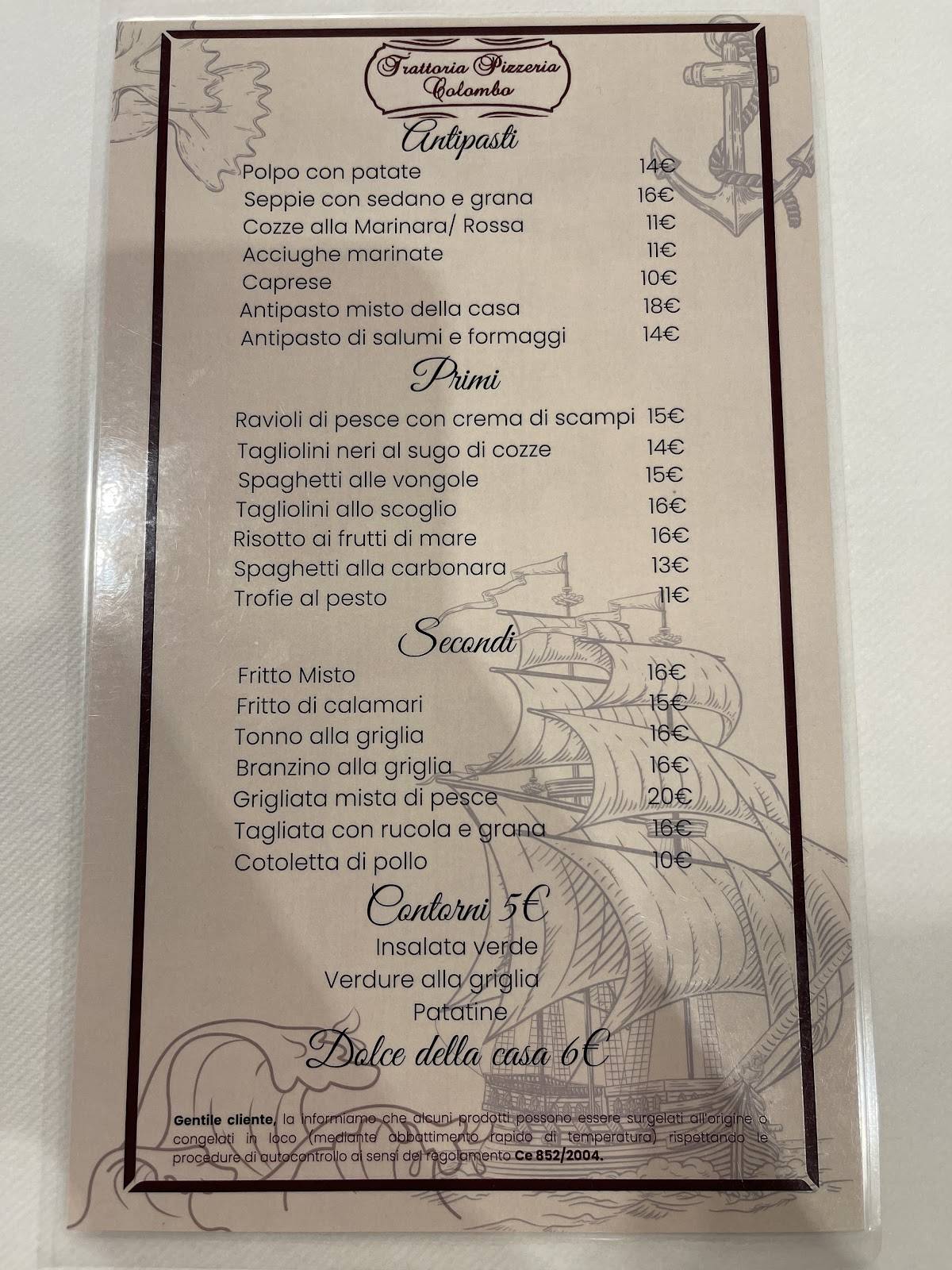 Menu di Trattoria Colombo Varazze 