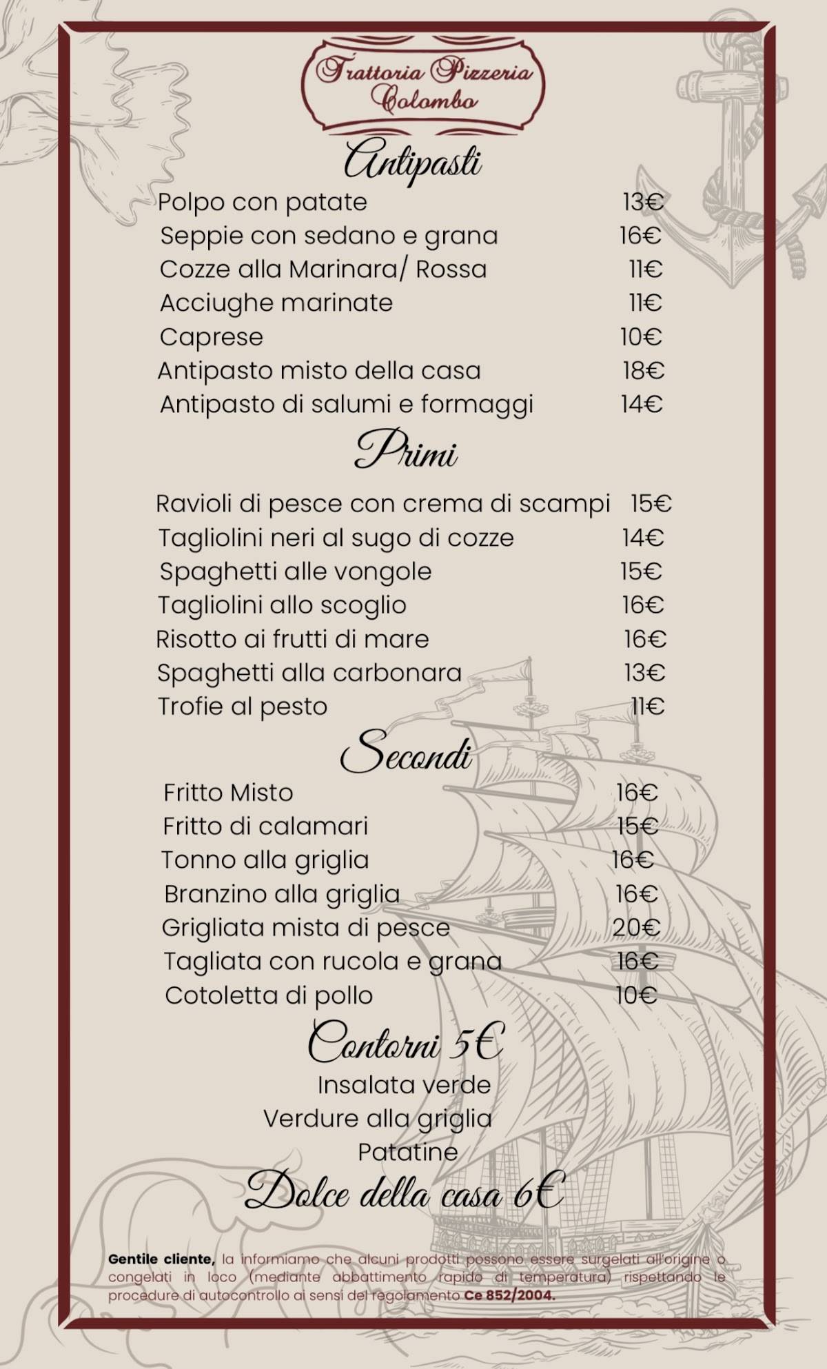Menu di Trattoria Colombo Varazze 