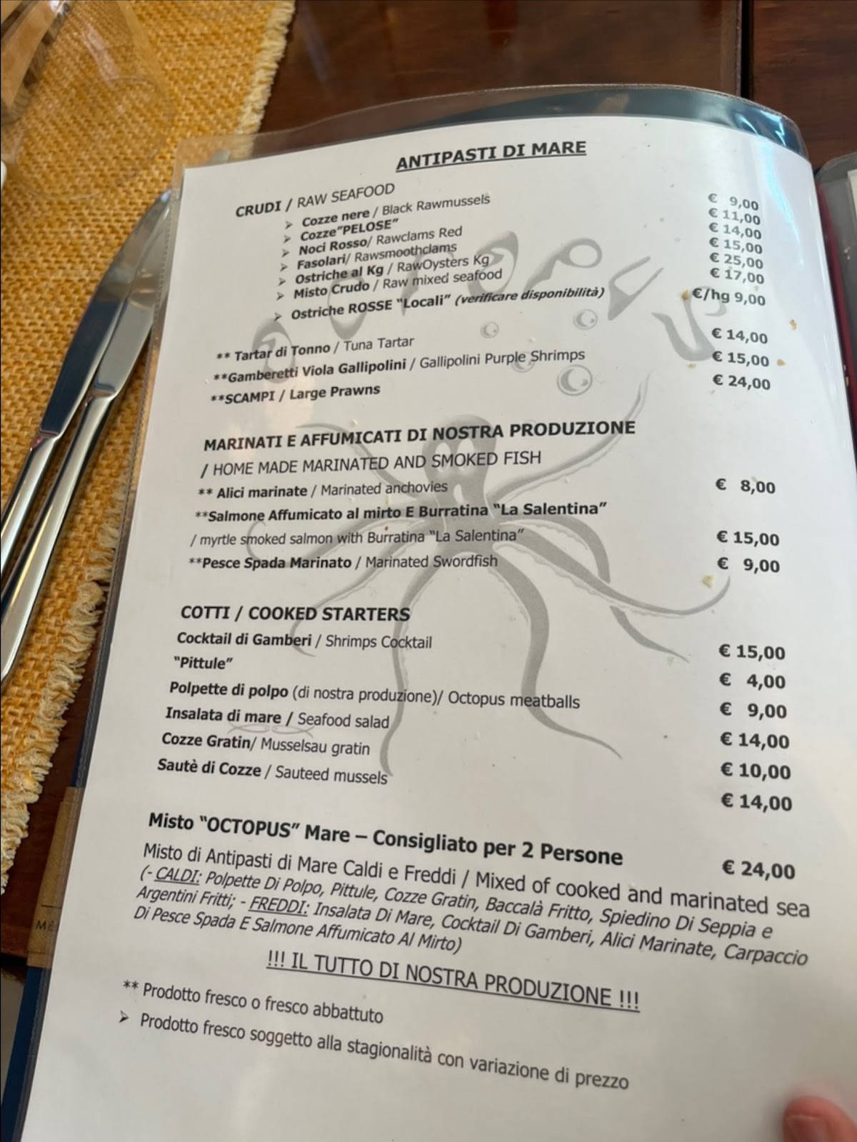 Menu di Trattoria OCTOPUS