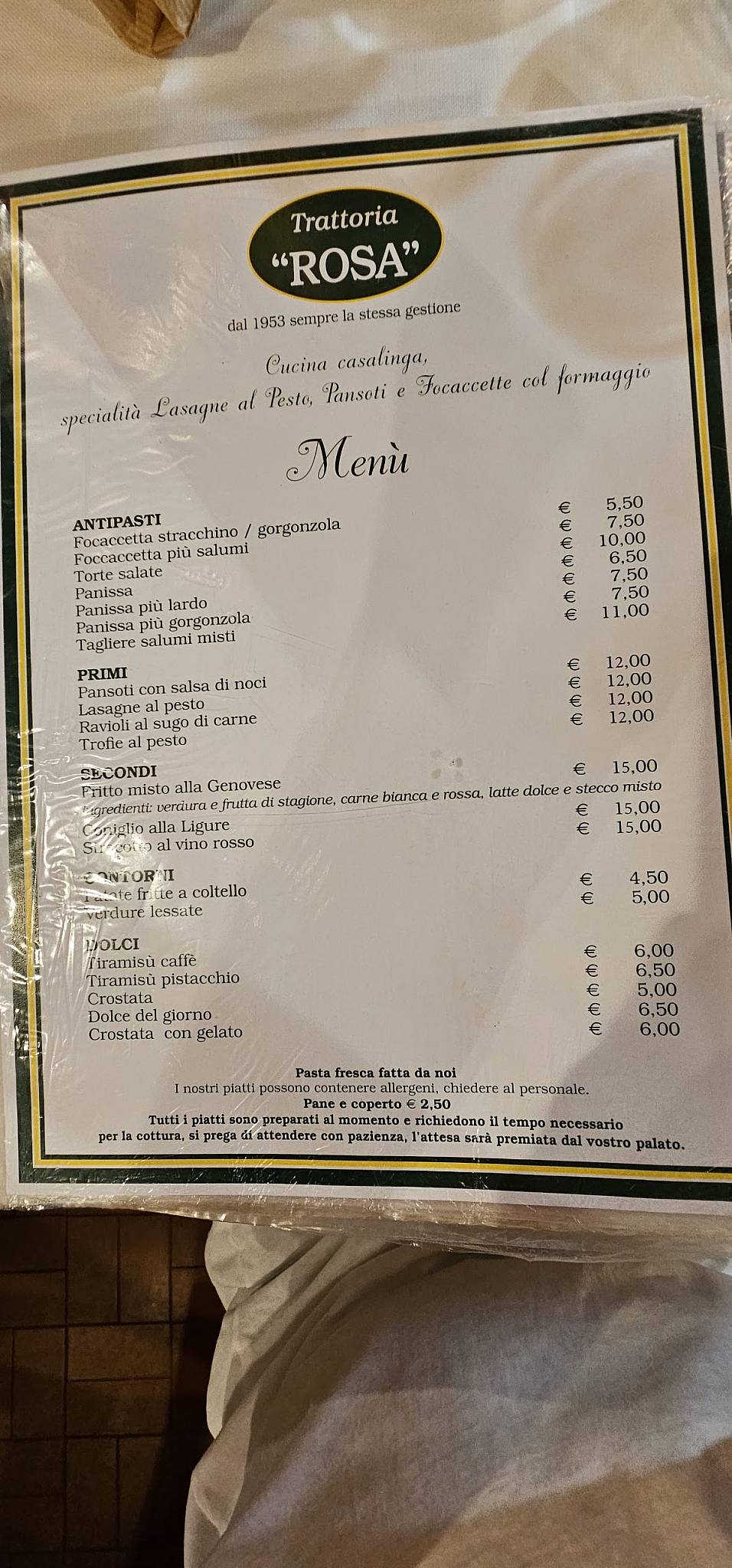Menu di Trattoria Rosa 