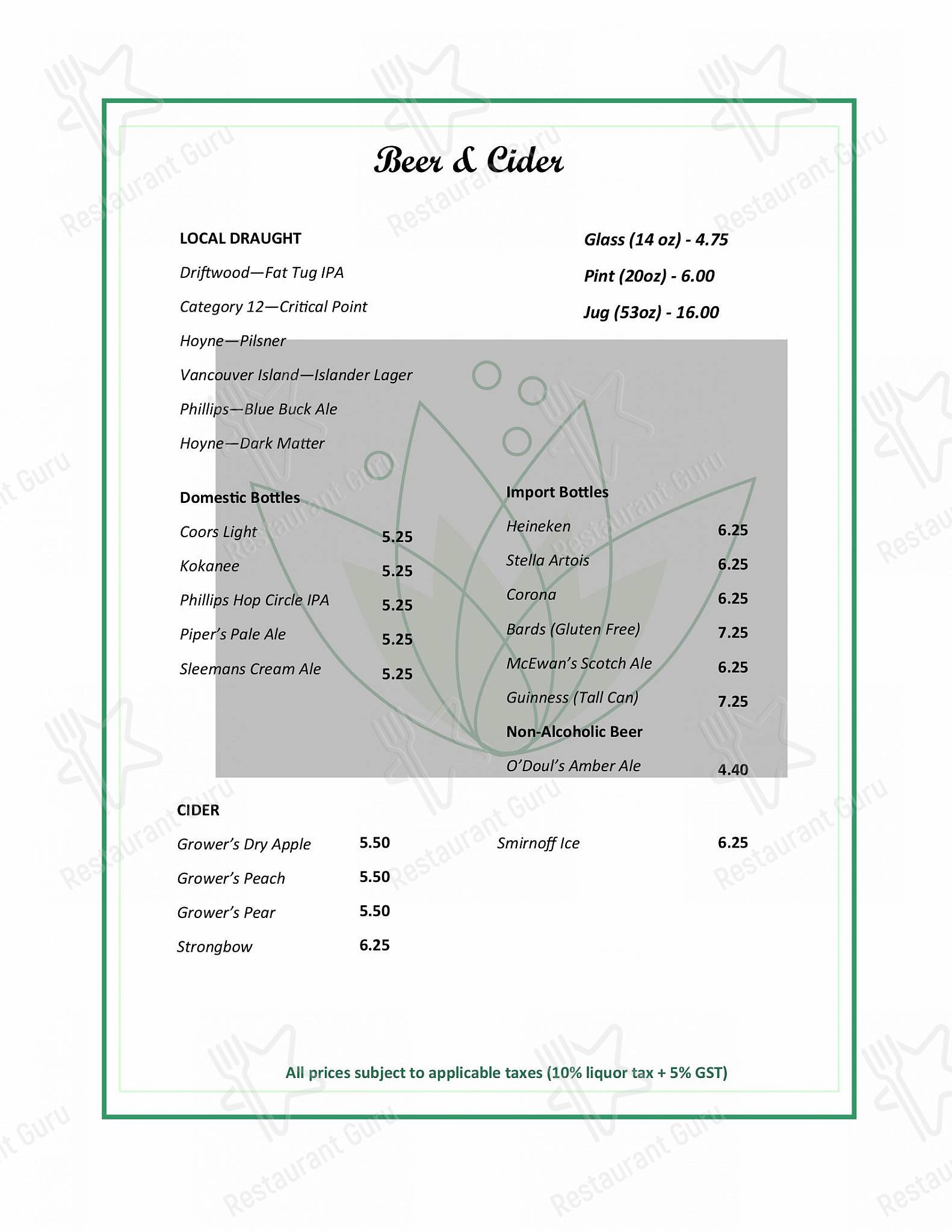 University Club of Victoria dans Victoria - Table Menu