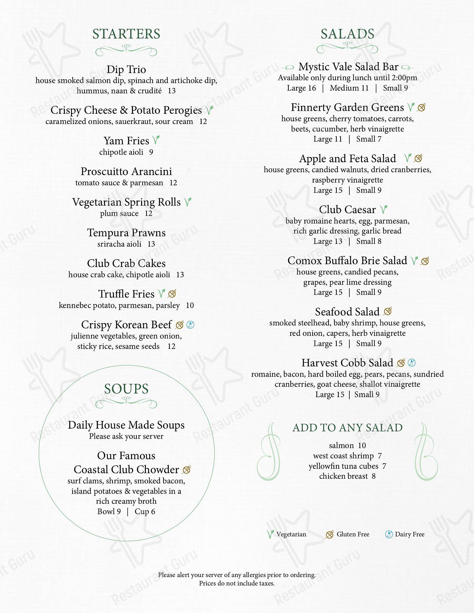 Table Menu pour University Club of Victoria dans Victoria
