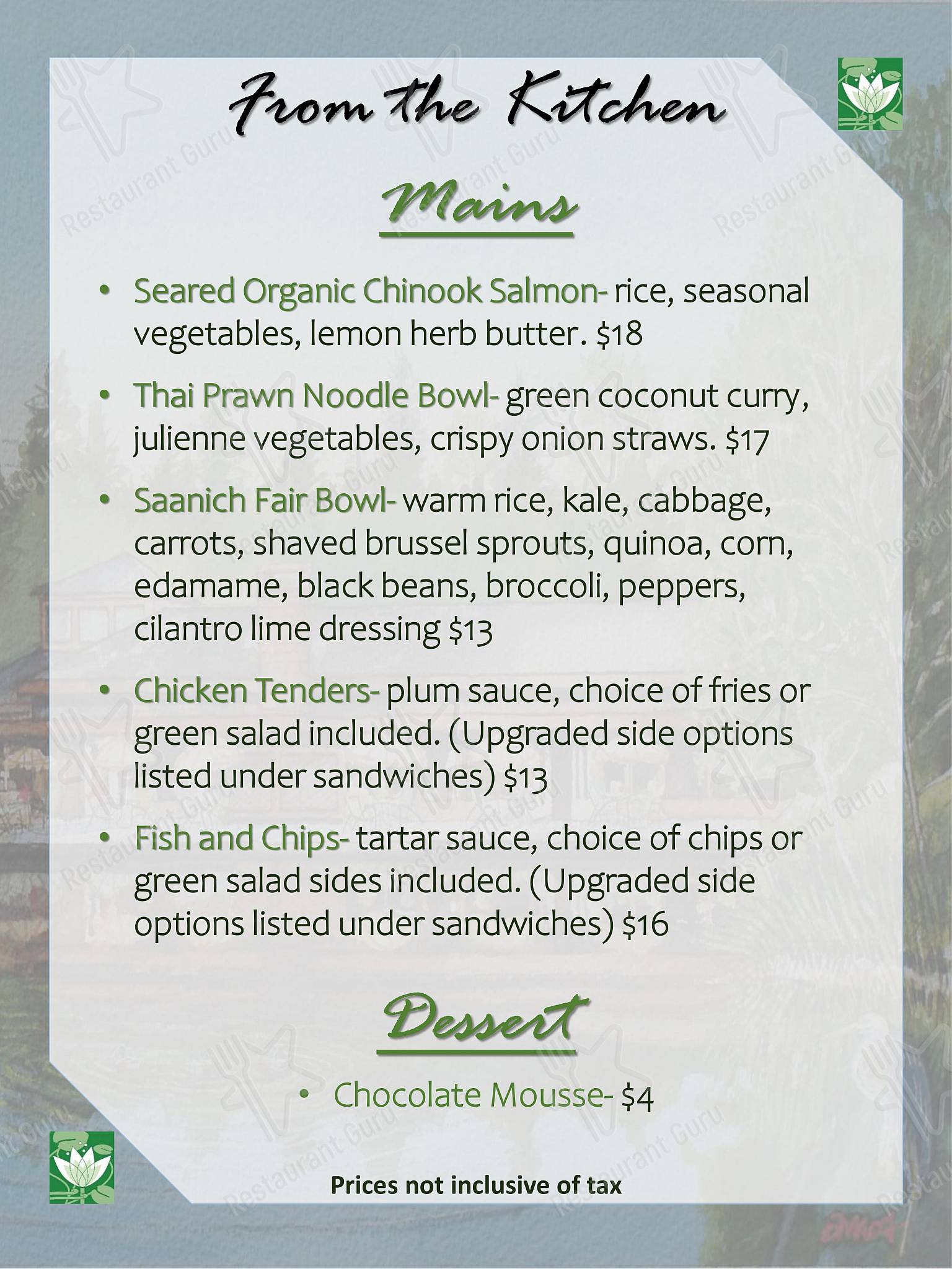 Menu pour University Club of Victoria - Table Menu