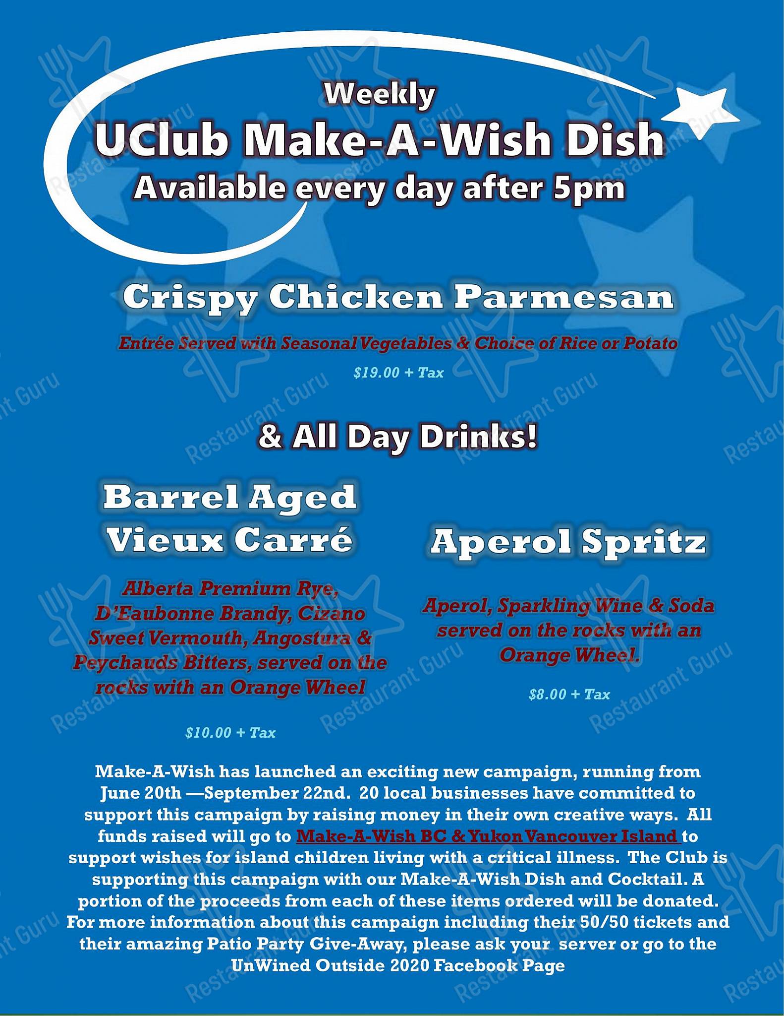Table Menu pour University Club of Victoria pub et bar