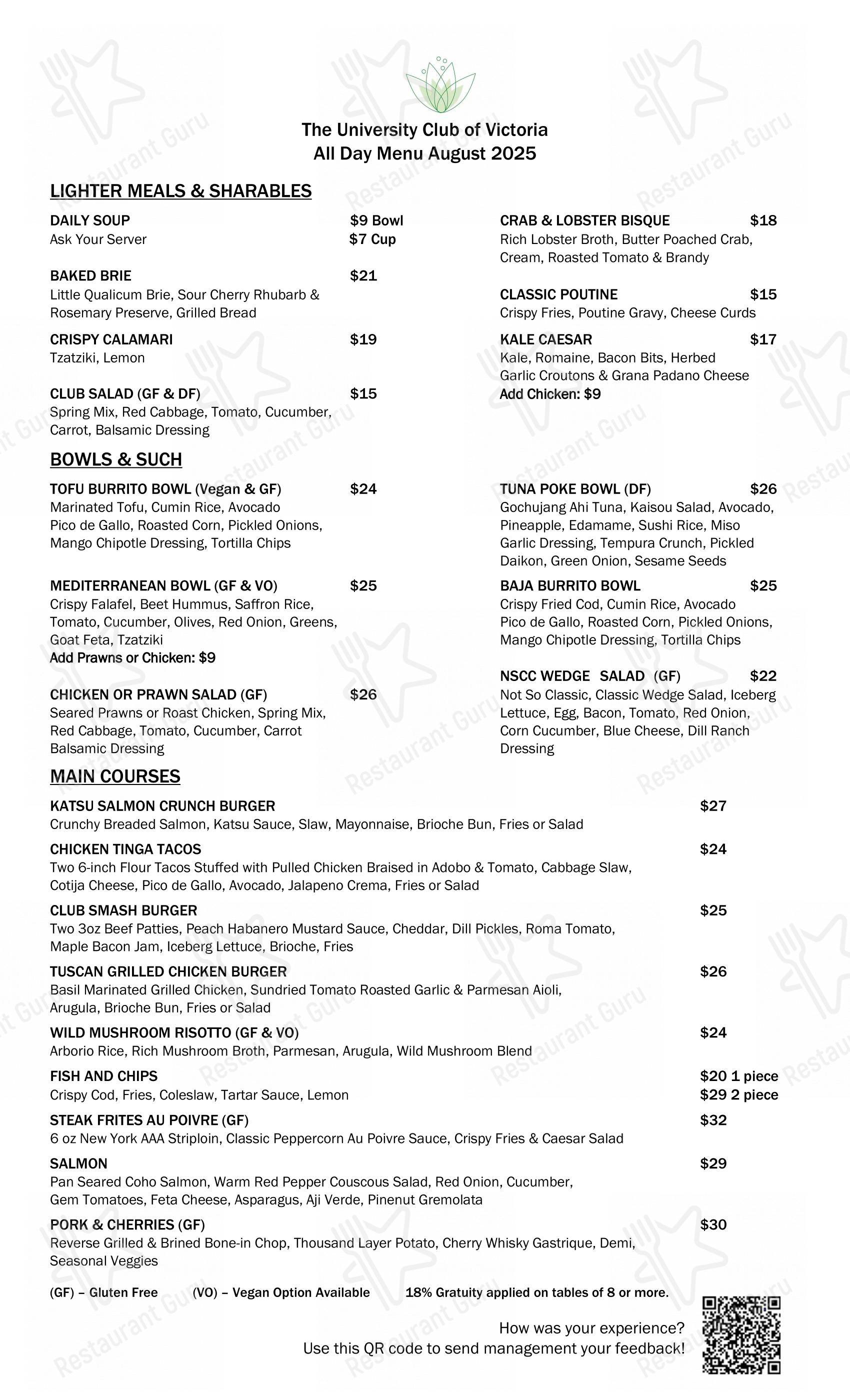 Menu pour University Club of Victoria - Menu