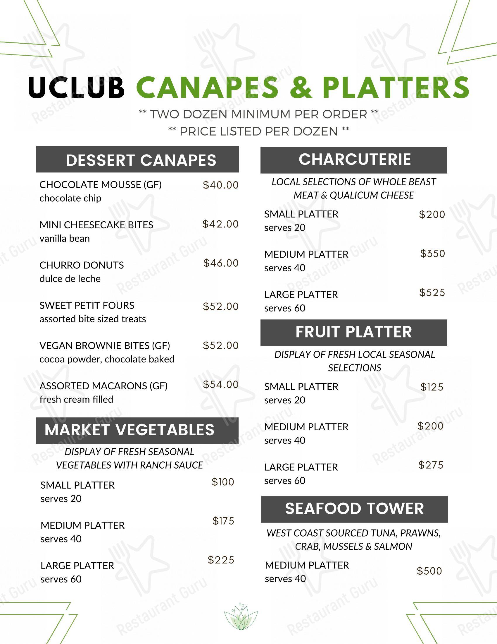 Основное меню pour University Club of Victoria pub et bar