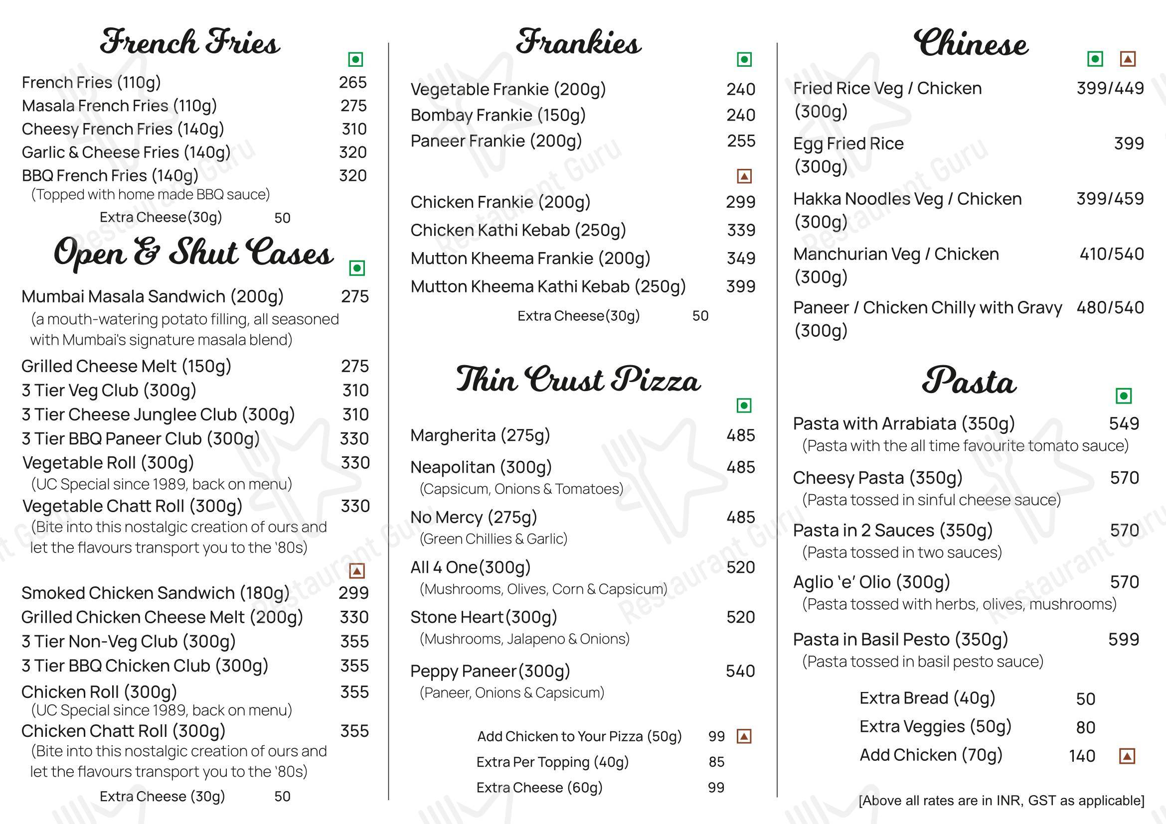 Menu for the Upper Crust restaurant