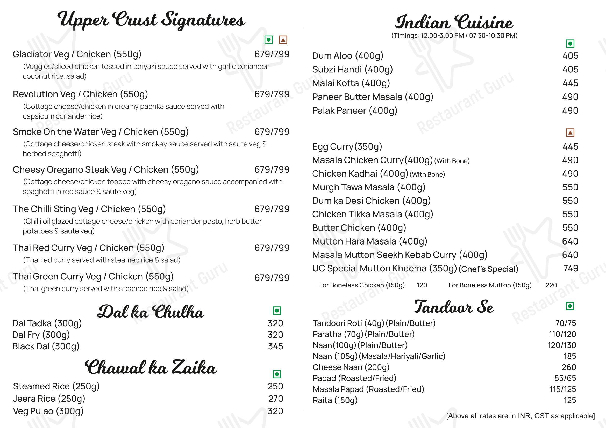 Menu for the Upper Crust restaurant