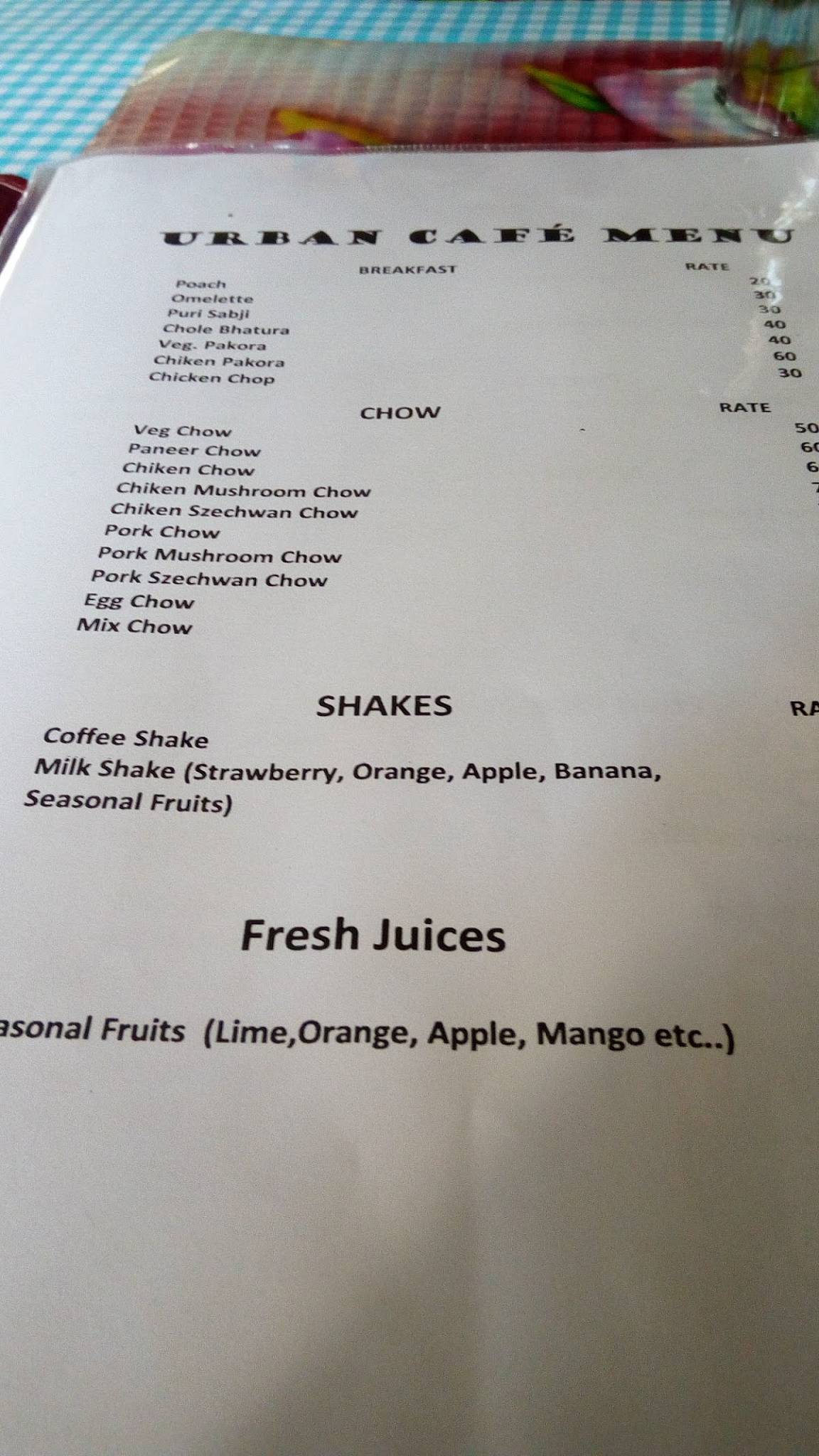 Urban Cafe menu