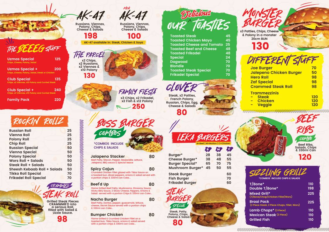 Menu at Uzma's Fast Foods, Boksburg