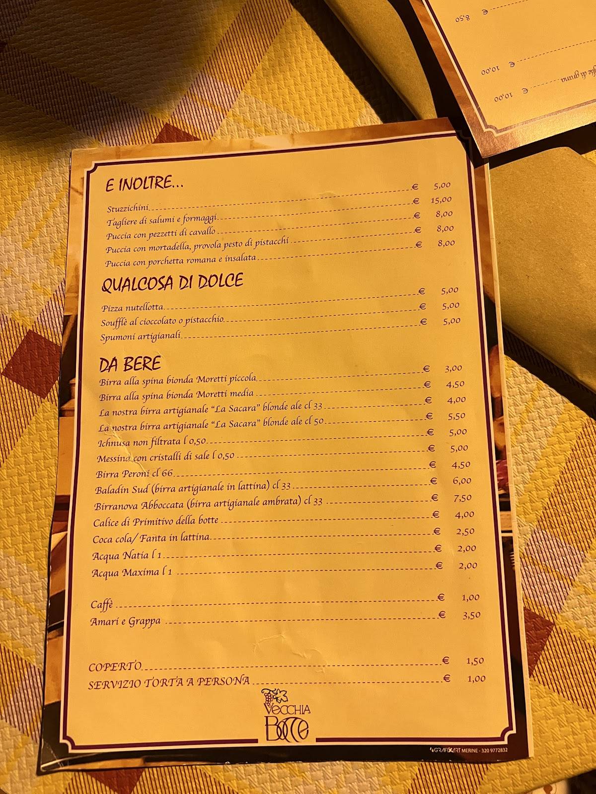 Menu di Vecchia botte 