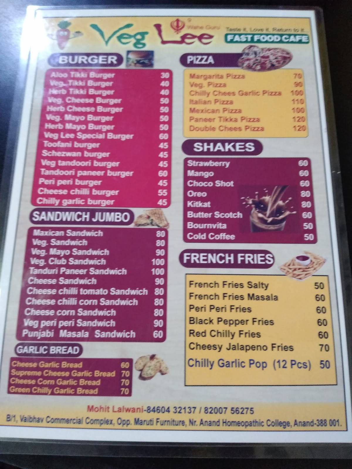 Veg Lee menu