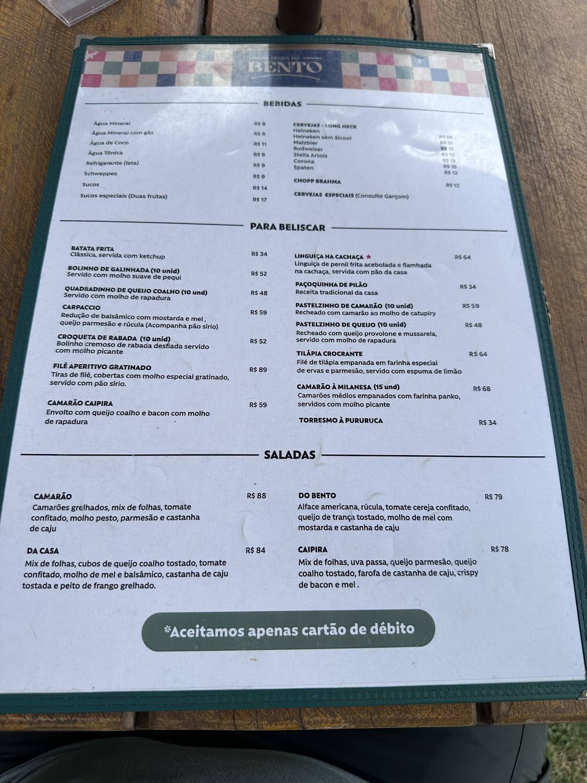 Venda do Bento cardápio