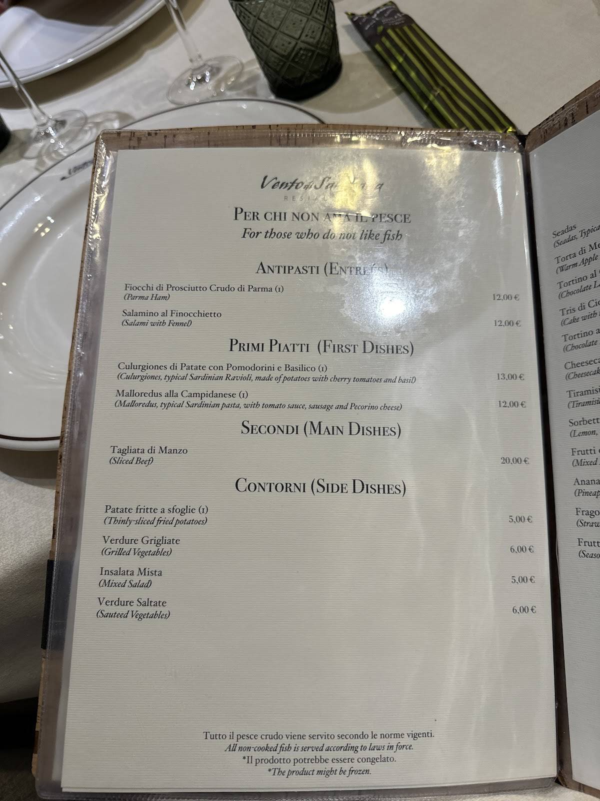 Menu di Vento di Sardegna 