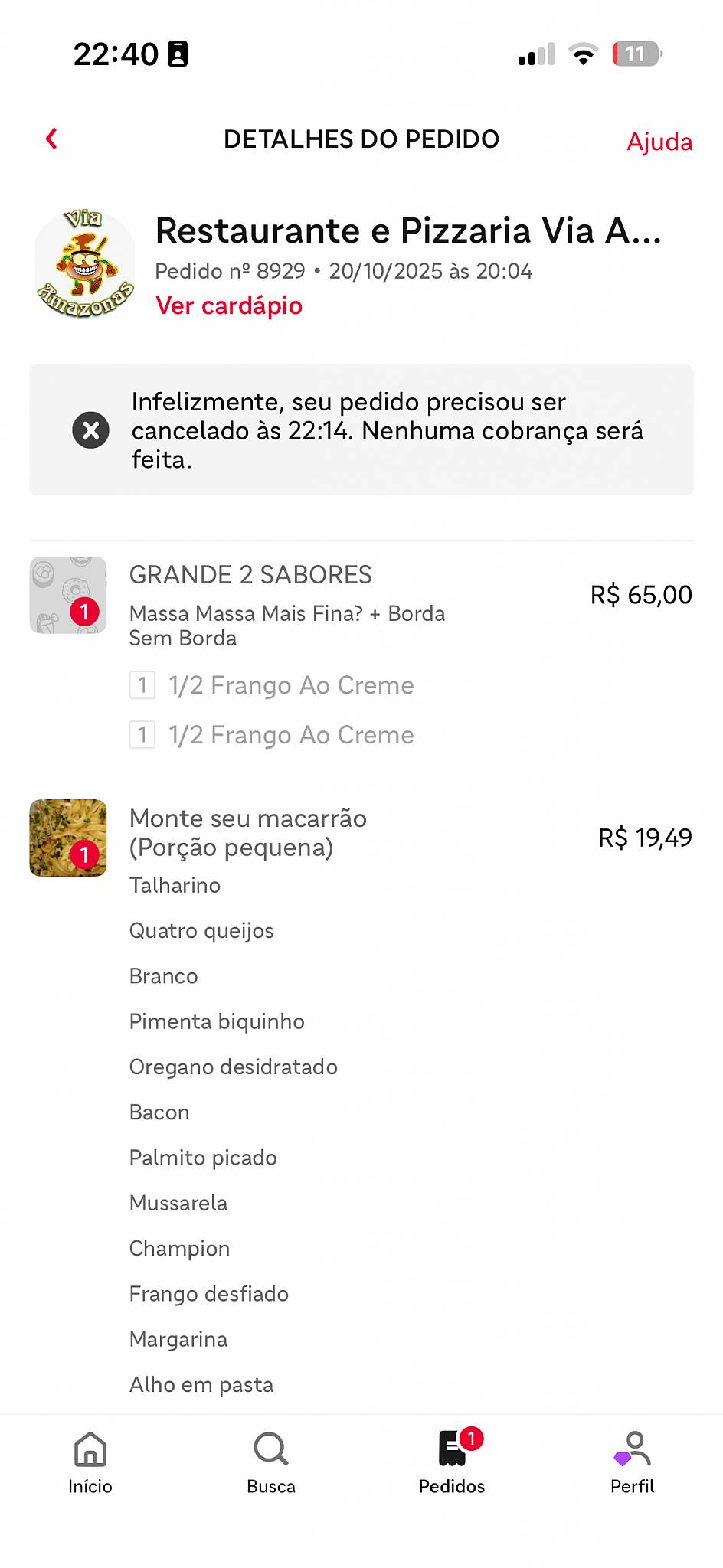 Via Amazonas cardápio