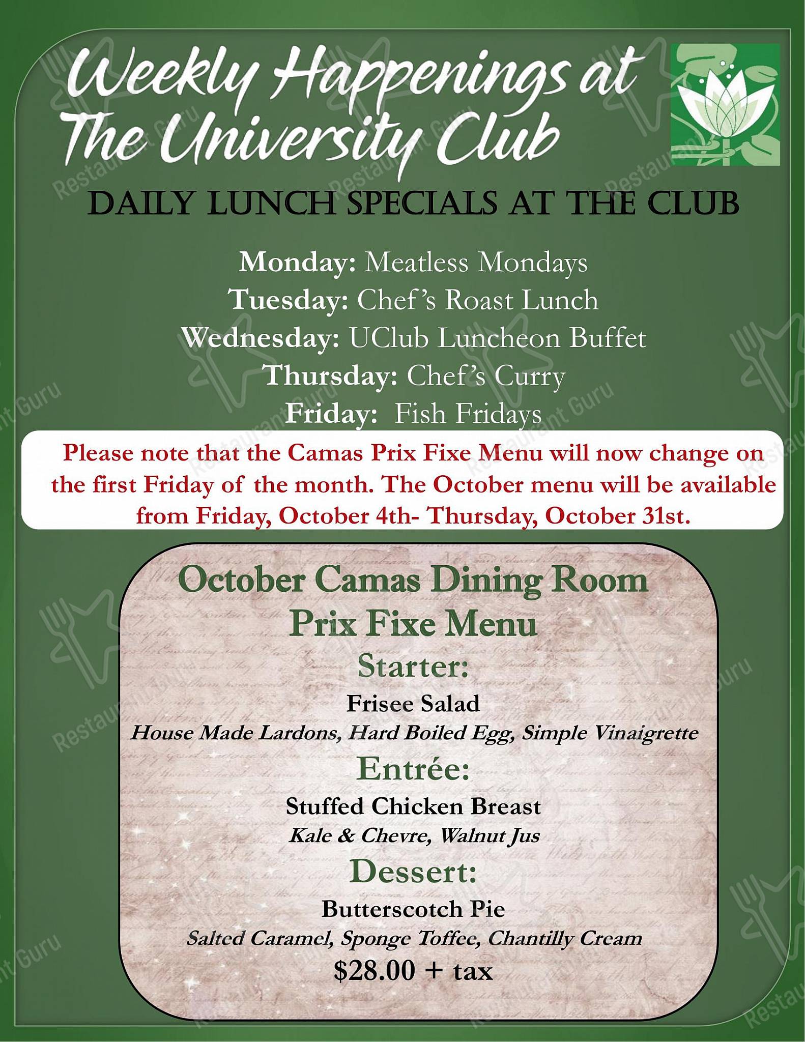 Menu pour University Club of Victoria - Table Menu