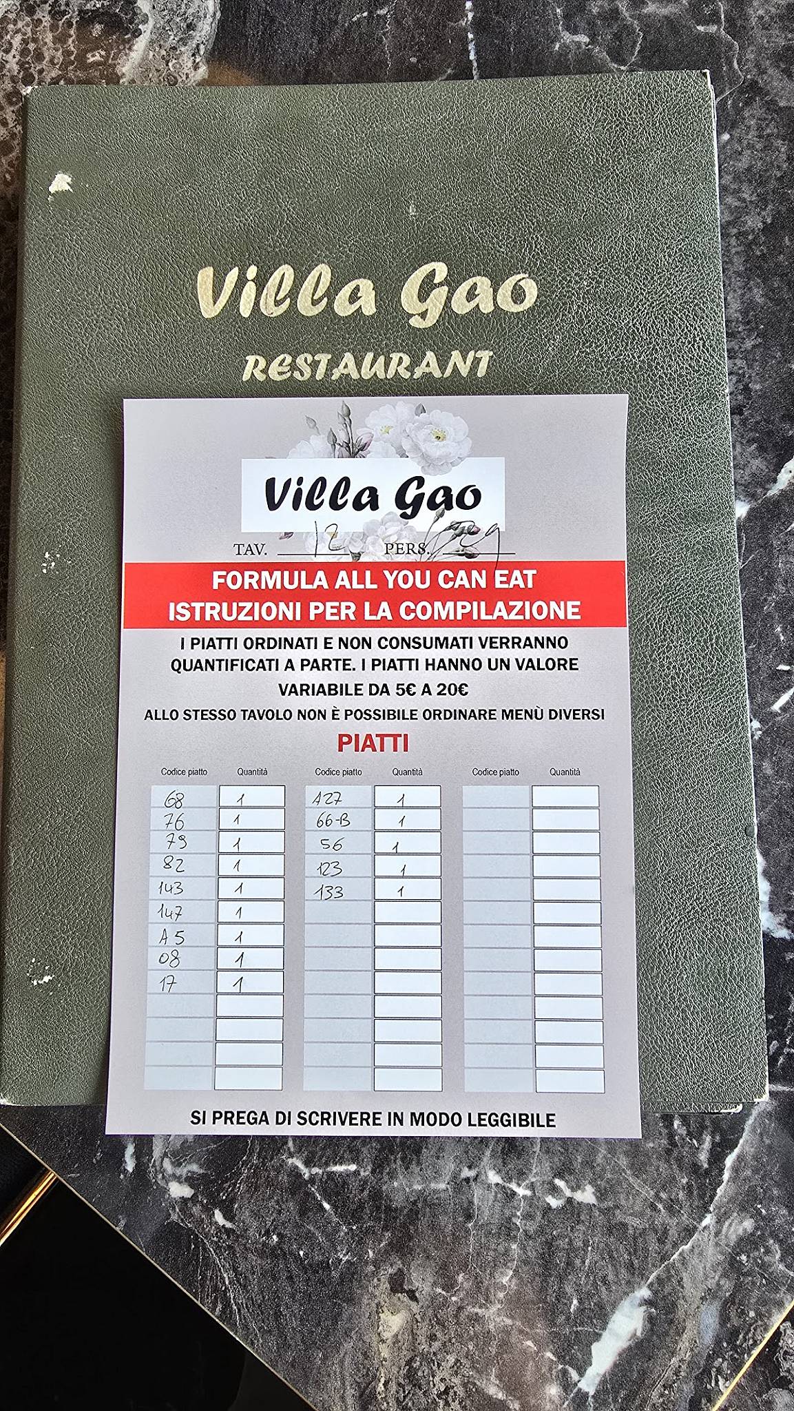 Menu di Villa Gao 