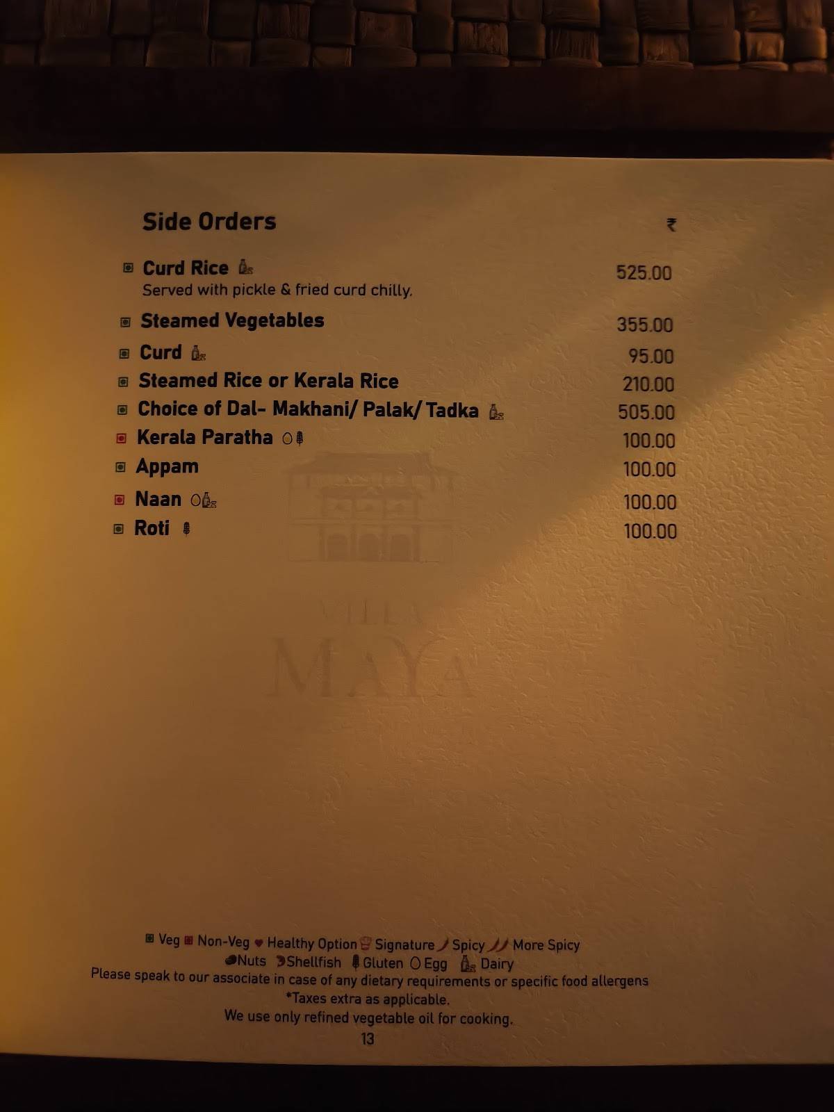 Villa Maya menu