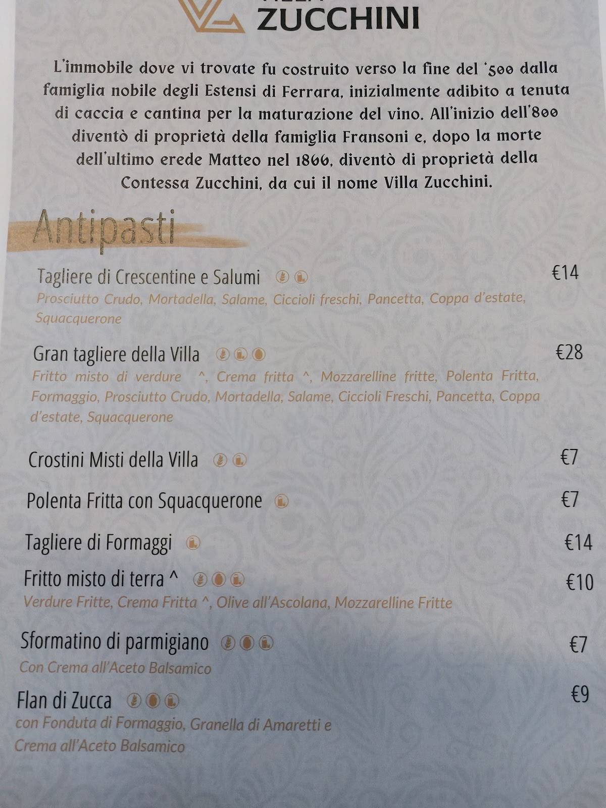 Menu di Villa Zucchini 