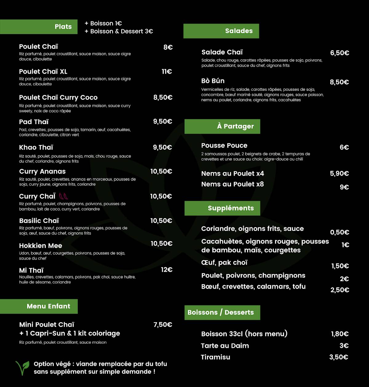 Menu at Chô Chaï Villeurbanne Thaï Street Food restaurant, Villeurbanne