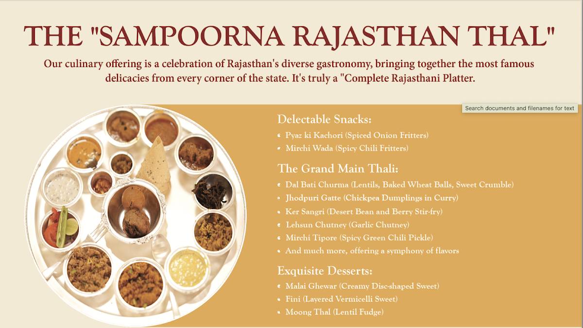 Virasat Heritage Restaurant menu