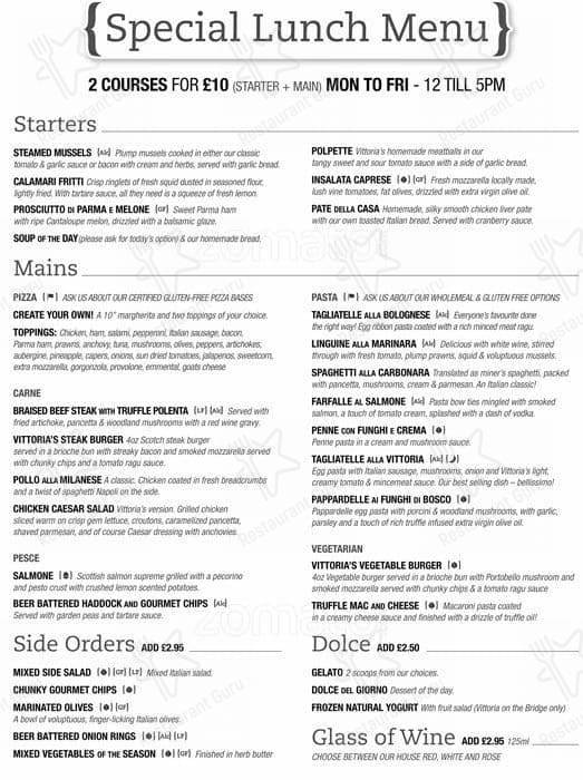 Menu at Vittoria on the Bridge restaurant, Edinburgh, 19 George IV Bridge
